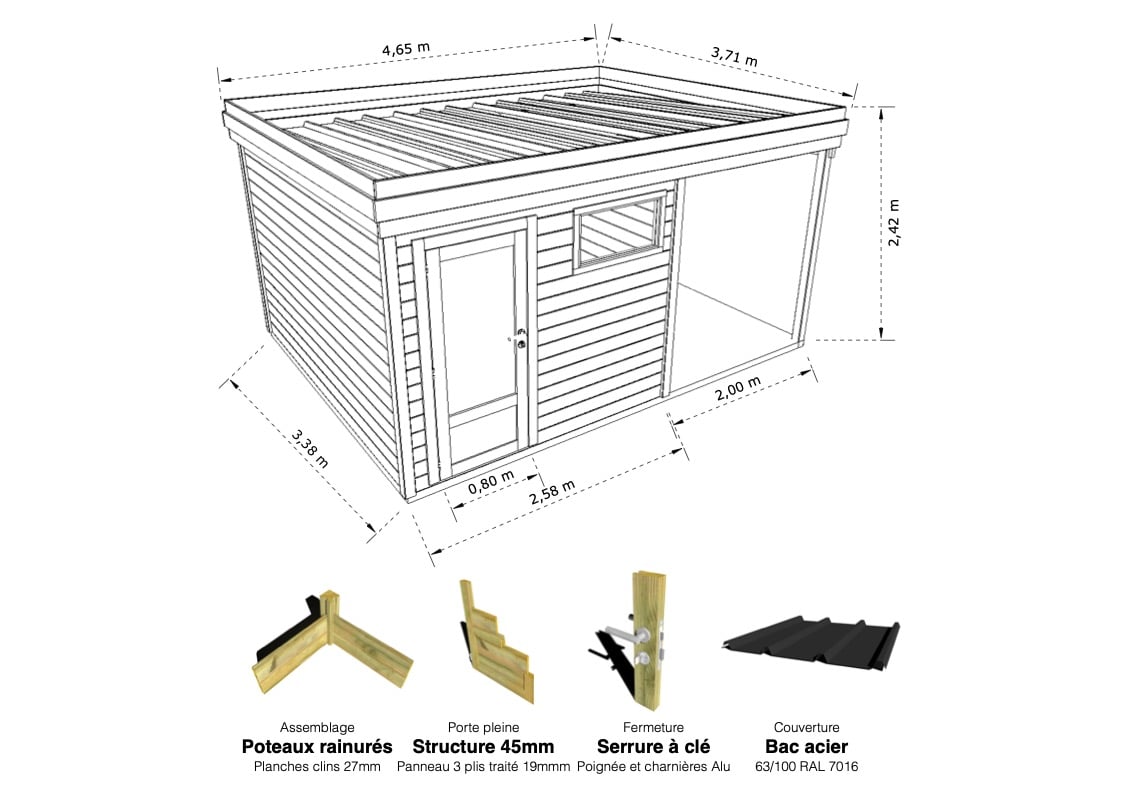 Abri Français Gamme Origine 2,5x3,3 m abri de stockage 17,7 m²