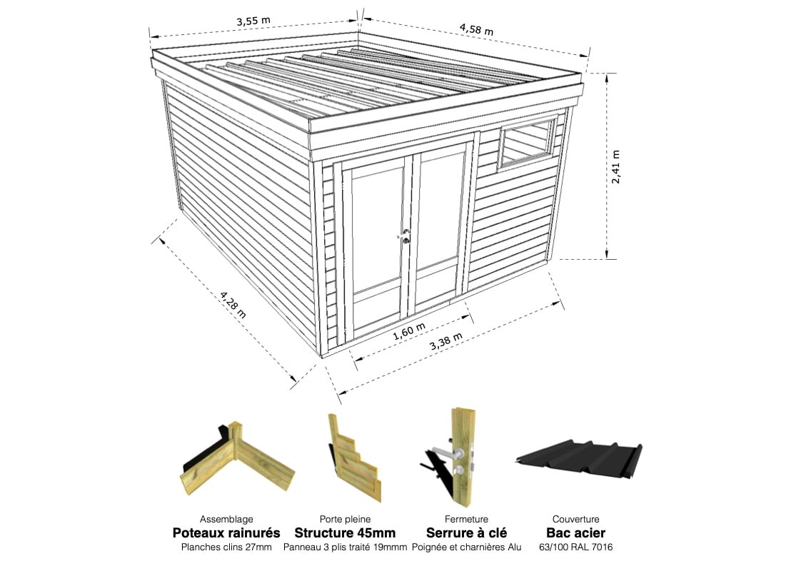 Abri Français Origine 13,9 m² porte pleine abri jardin pin 27mm
