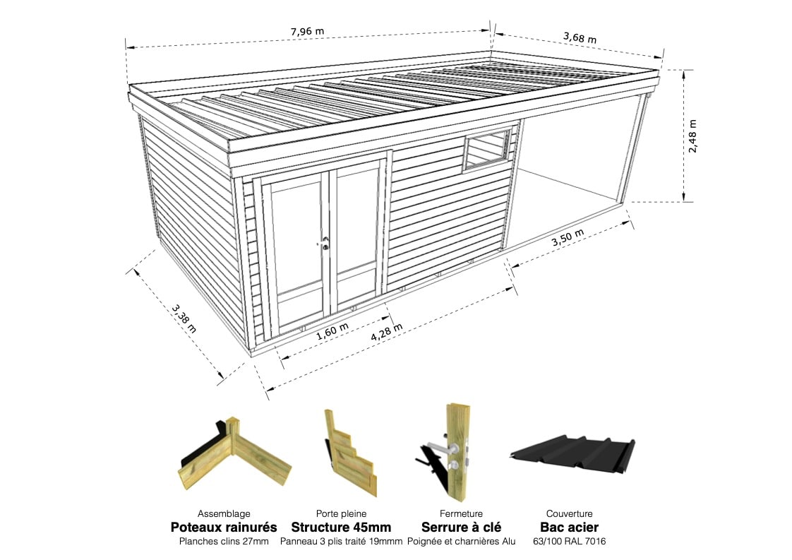 Abri Français Gamme Origine 4,2x3,3 m atelier extérieur 29,5 m²