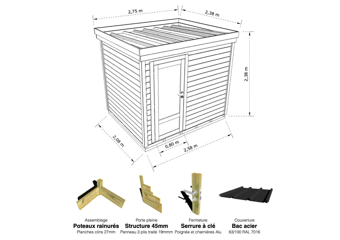 Abri Français Origine 2,50x2,00m local bois 6,7m²
