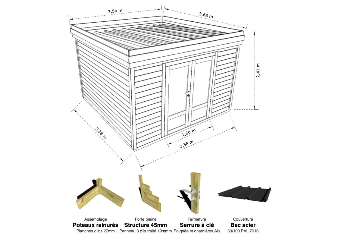 Abri Français Origine 13,2 m² abri de jardin porte pleine