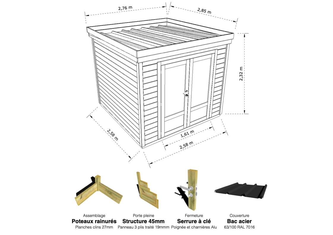 Abri Français Origine 6,3 m² porte double local rangement pin