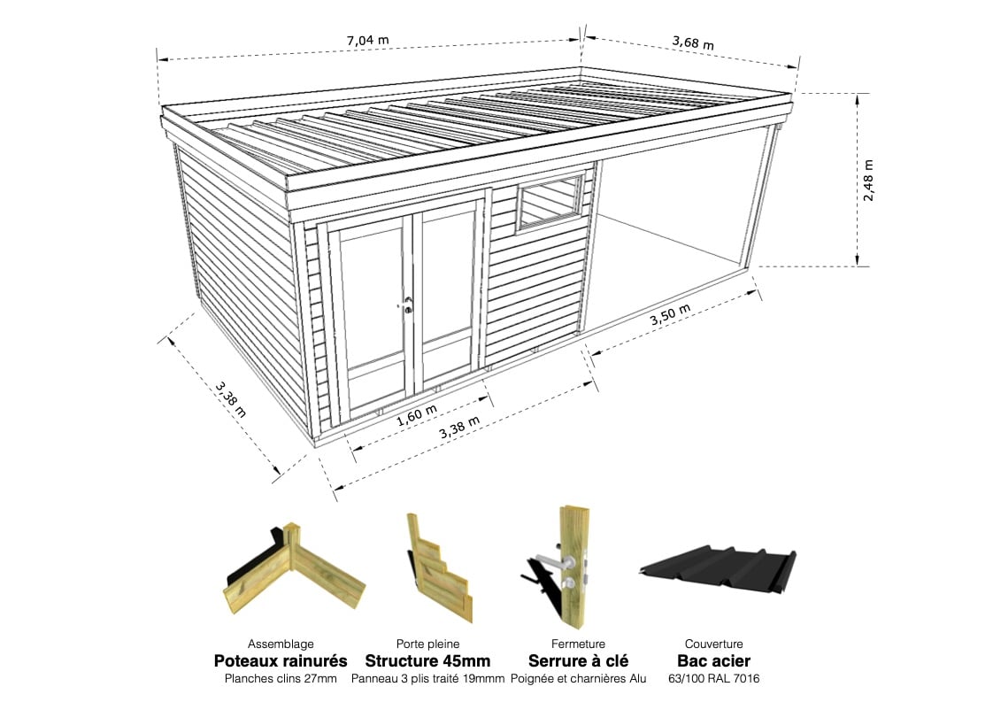Abri Français Origine 3,3x3,3 m atelier jardin 26,2 m2 porte double