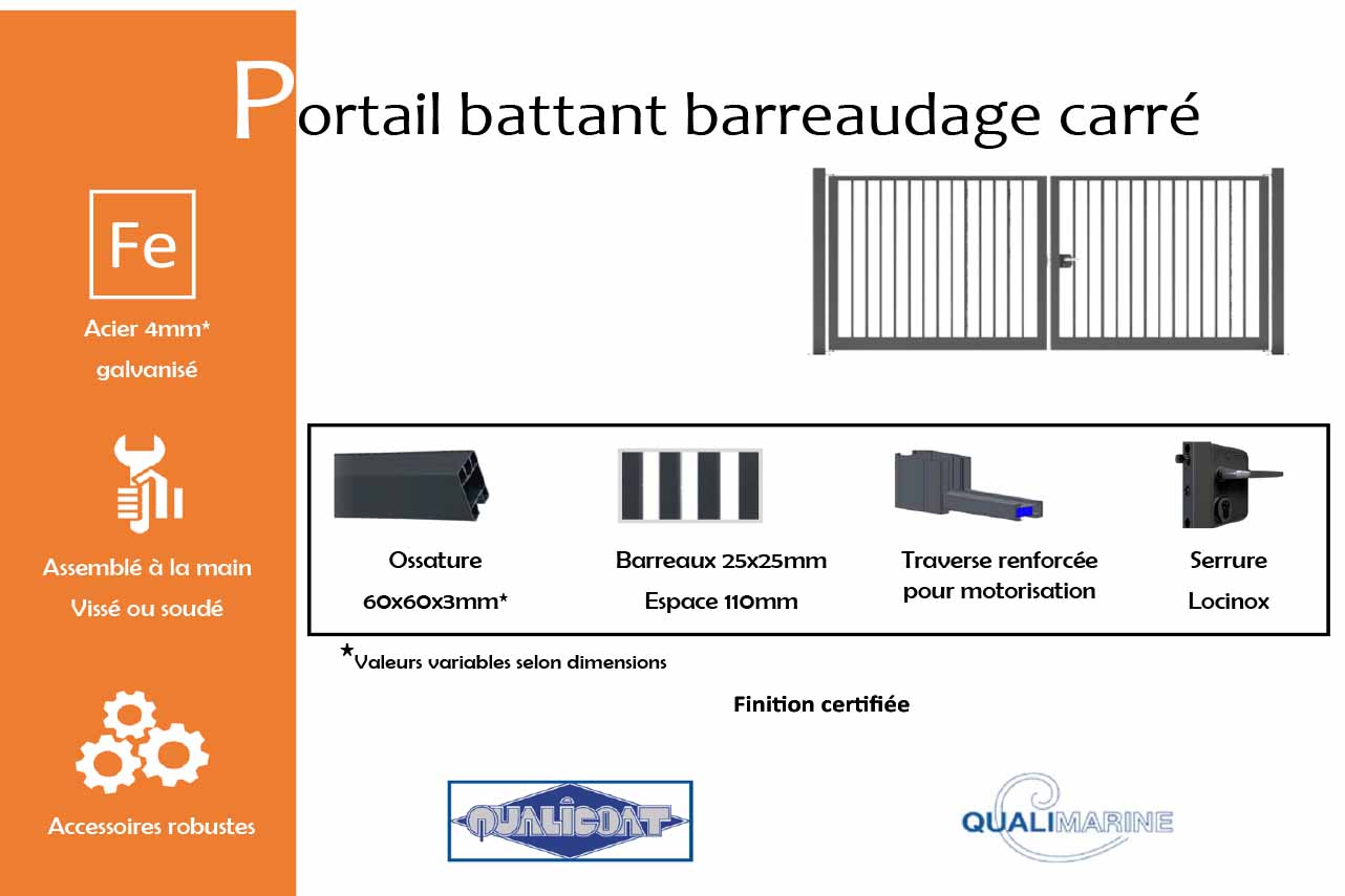 METAL GARDEN Portails Battants Acier barreaudage carré 4000x1500
