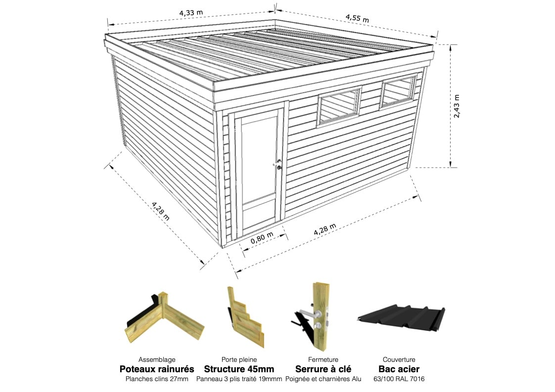 Abri Français Gamme Origine chalet jardin bois 4,2x4,2m 20,6m2