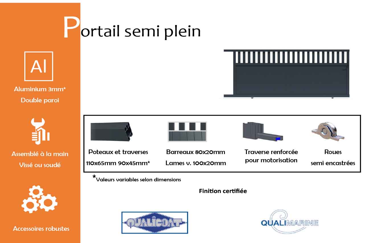 METAL GARDEN Semi Plein portail coulissant alu 3500 mm