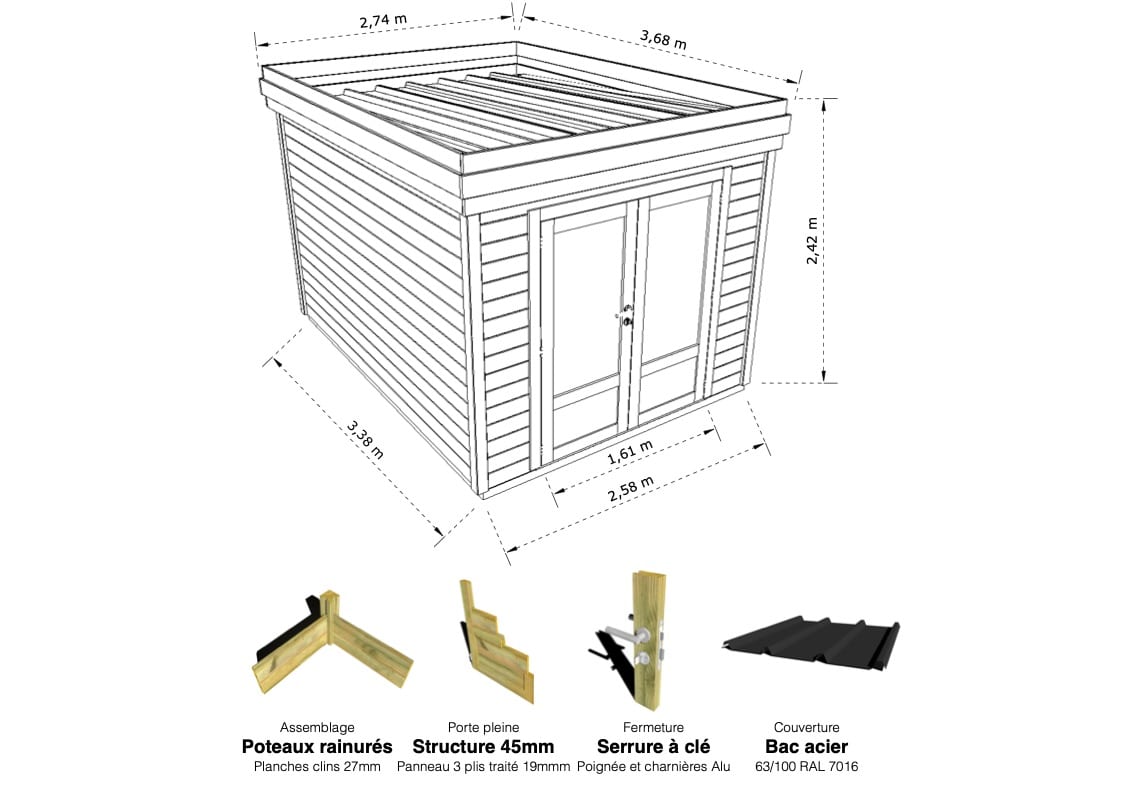 Abri Français Gamme Origine abri loisir 10,2 m² porte double