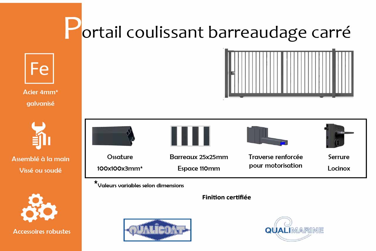 METAL GARDEN Portail coulissant barreaudage carré acier 3000 mm